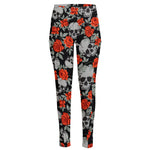 Red Rose Grey Skull Pattern Print High-Waisted Pocket Leggings