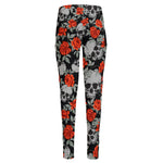 Red Rose Grey Skull Pattern Print High-Waisted Pocket Leggings