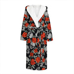 Red Rose Grey Skull Pattern Print Hooded Bathrobe
