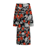 Red Rose Grey Skull Pattern Print Hooded Bathrobe