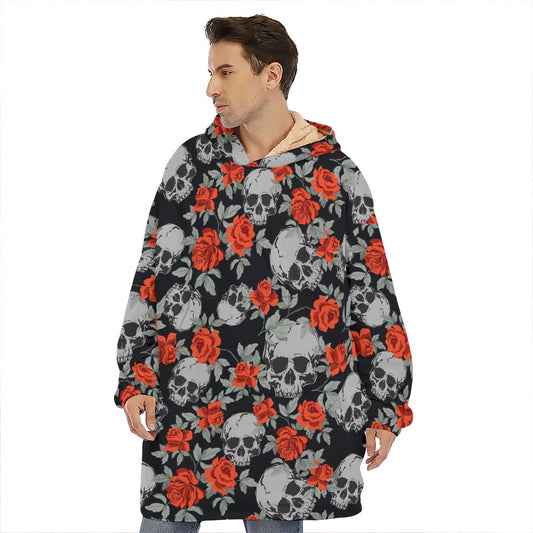 Red Rose Grey Skull Pattern Print Hoodie Blanket