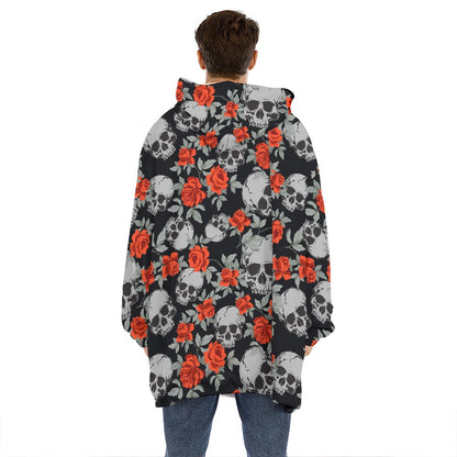 Red Rose Grey Skull Pattern Print Hoodie Blanket