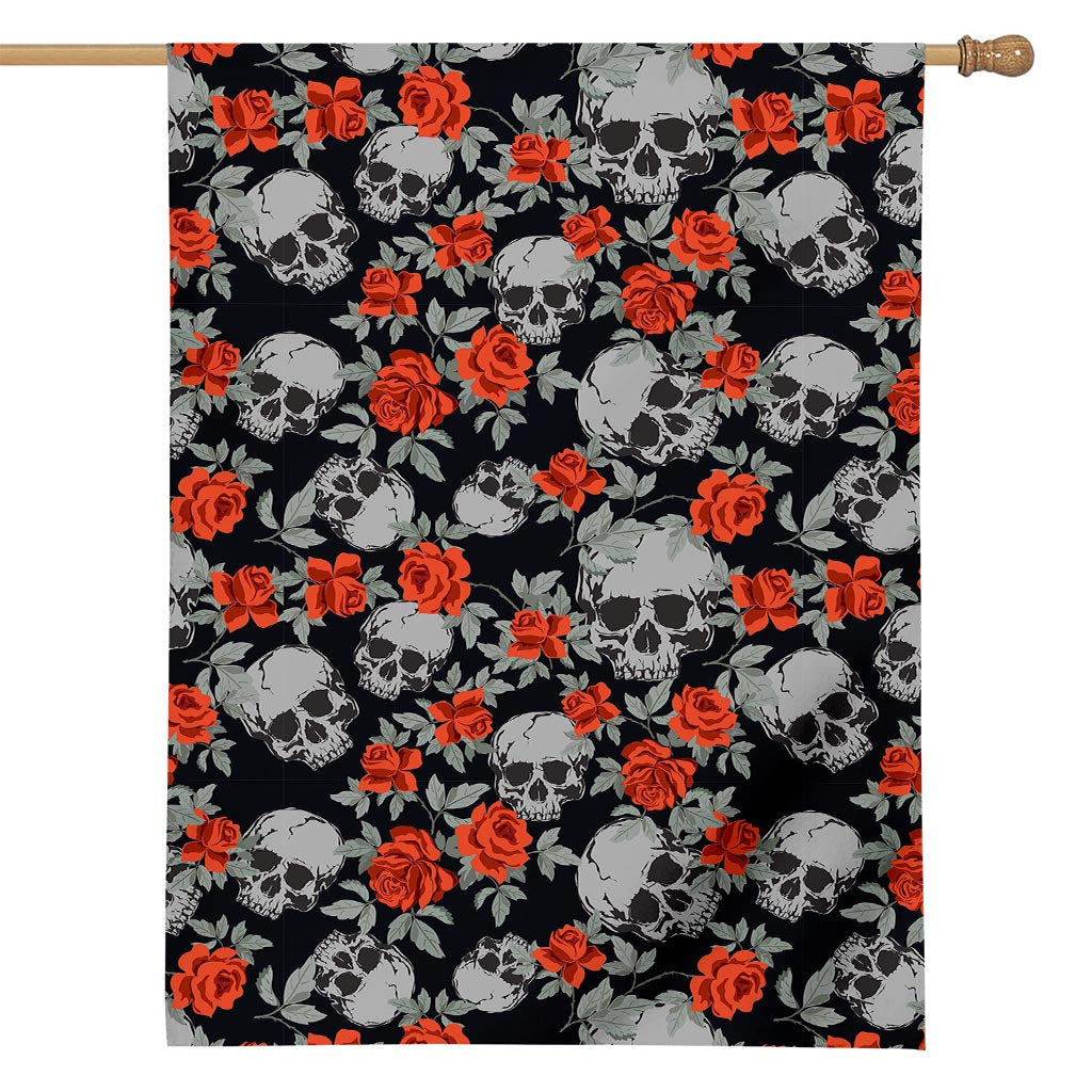 Red Rose Grey Skull Pattern Print House Flag