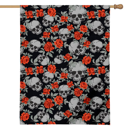 Red Rose Grey Skull Pattern Print House Flag