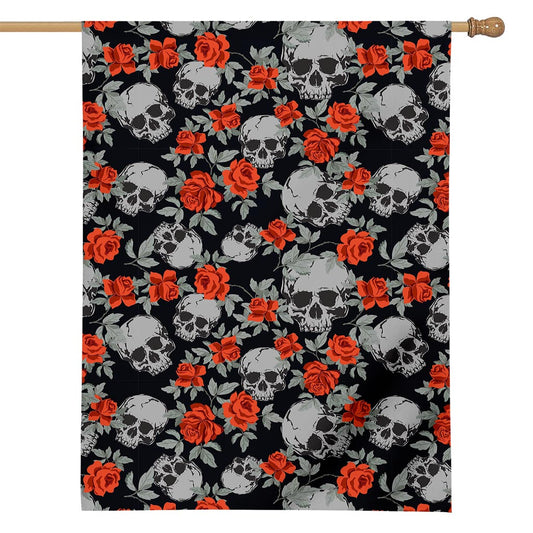 Red Rose Grey Skull Pattern Print House Flag