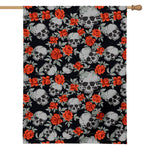 Red Rose Grey Skull Pattern Print House Flag