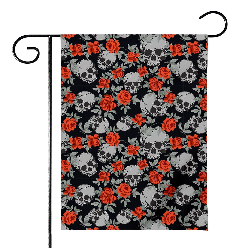 Red Rose Grey Skull Pattern Print House Flag