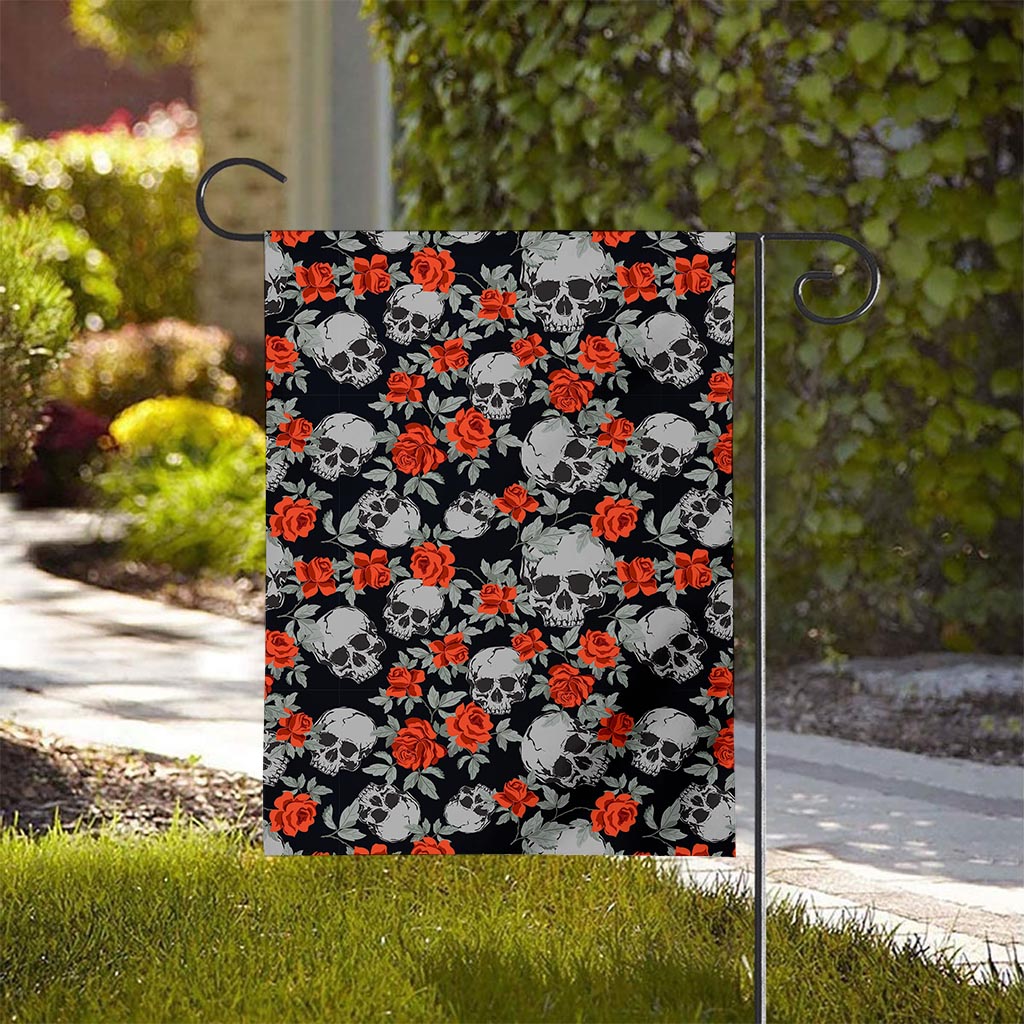 Red Rose Grey Skull Pattern Print House Flag