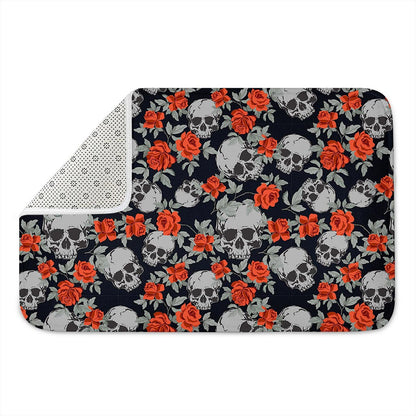 Red Rose Grey Skull Pattern Print Indoor Door Mat