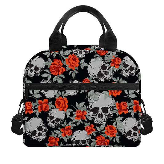 Red Rose Grey Skull Pattern Print Insulated Lunch Bag