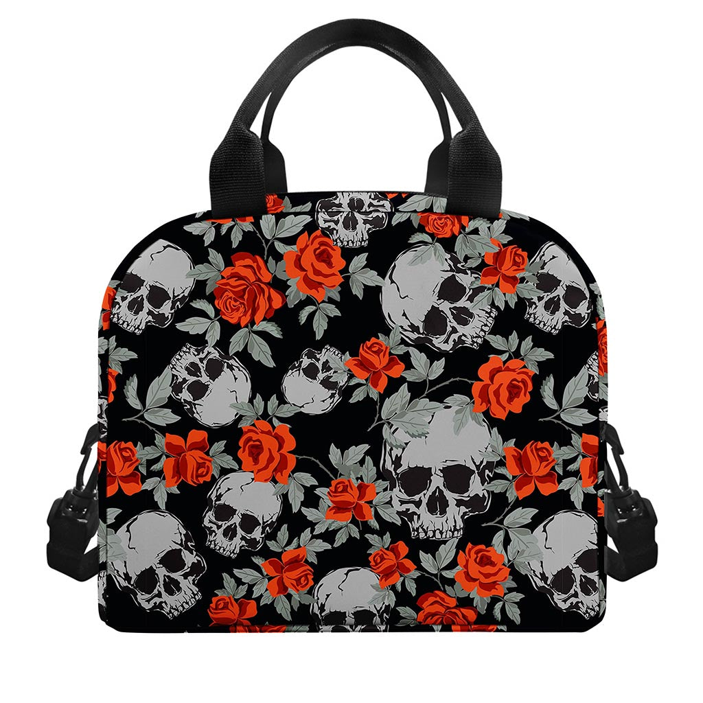 Red Rose Grey Skull Pattern Print Insulated Lunch Bag