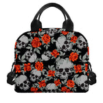 Red Rose Grey Skull Pattern Print Insulated Lunch Bag