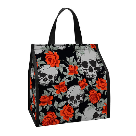Red Rose Grey Skull Pattern Print Insulated Lunch Tote