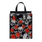 Red Rose Grey Skull Pattern Print Insulated Lunch Tote