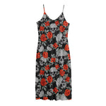 Red Rose Grey Skull Pattern Print Jersey Midi Cami Dress