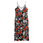 Red Rose Grey Skull Pattern Print Jersey Midi Cami Dress