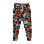 Red Rose Grey Skull Pattern Print Jogger Pants