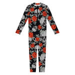 Red Rose Grey Skull Pattern Print Jumpsuit