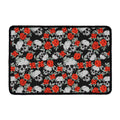 Red Rose Grey Skull Pattern Print Kitchen Mat