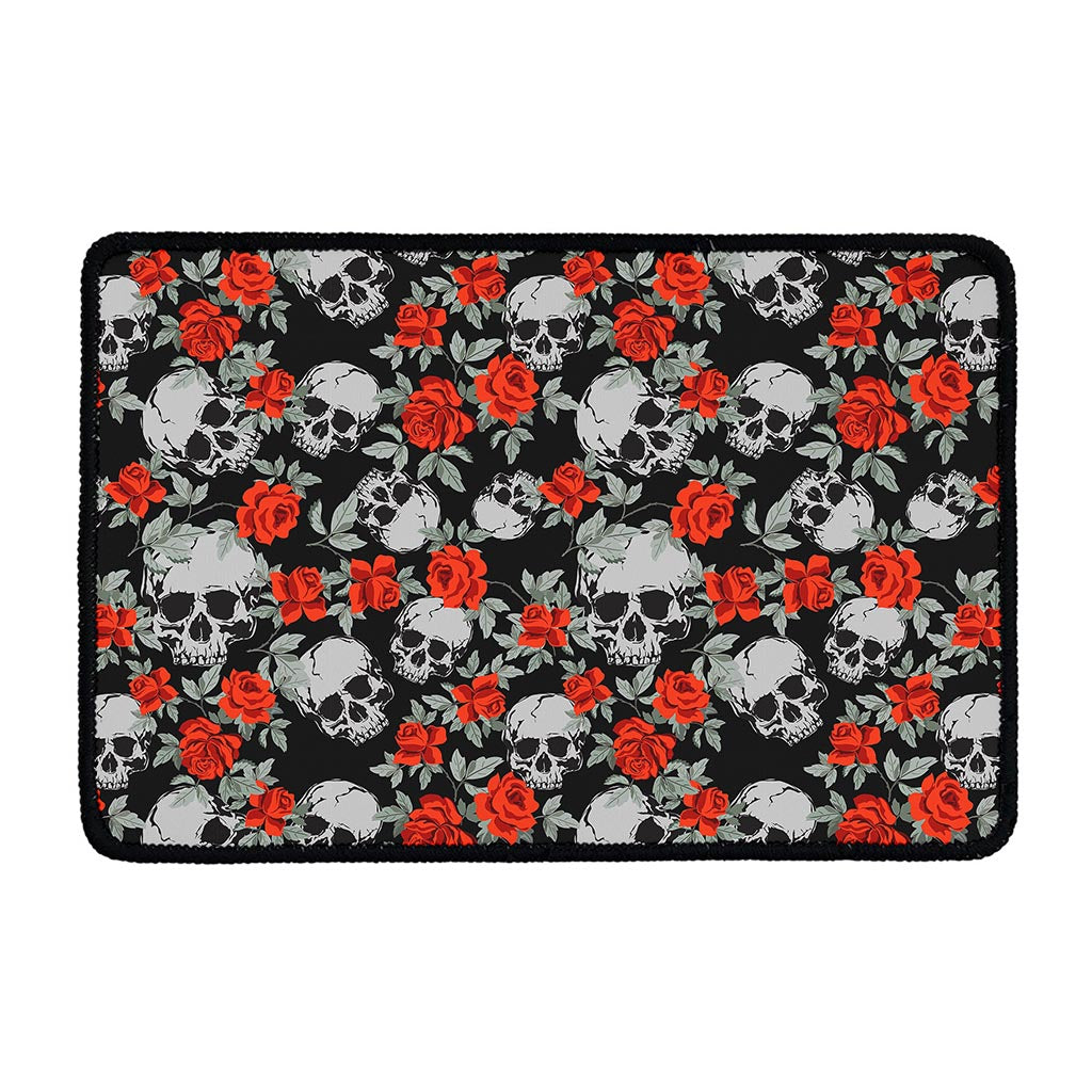 Red Rose Grey Skull Pattern Print Kitchen Mat