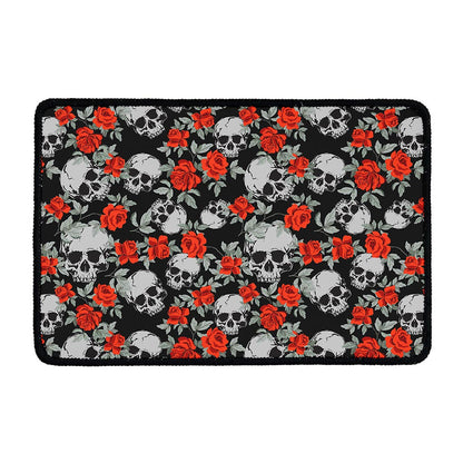 Red Rose Grey Skull Pattern Print Kitchen Mat