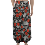 Red Rose Grey Skull Pattern Print Lantern Pants