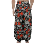 Red Rose Grey Skull Pattern Print Lantern Pants