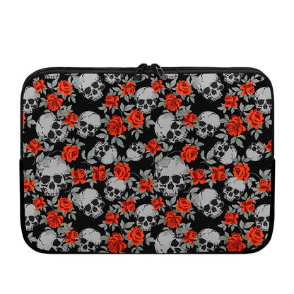 Red Rose Grey Skull Pattern Print Laptop Sleeve