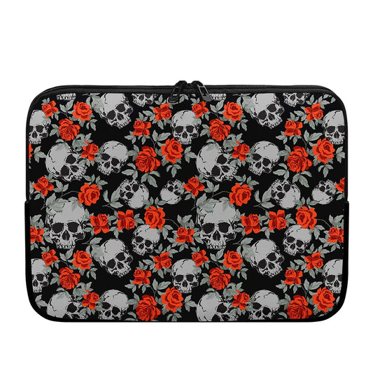 Red Rose Grey Skull Pattern Print Laptop Sleeve