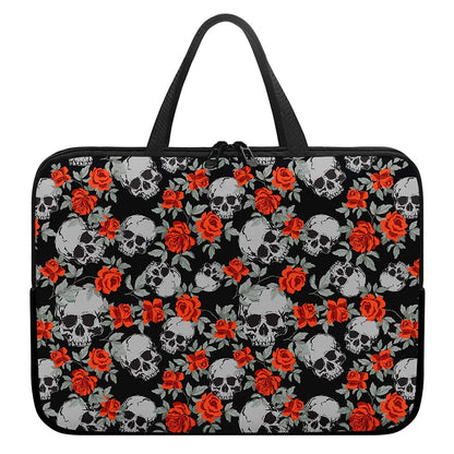 Red Rose Grey Skull Pattern Print Laptop Sleeve With Handle