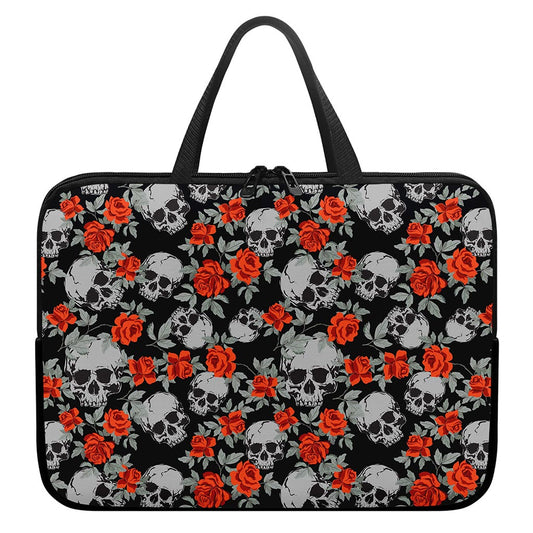 Red Rose Grey Skull Pattern Print Laptop Sleeve With Handle
