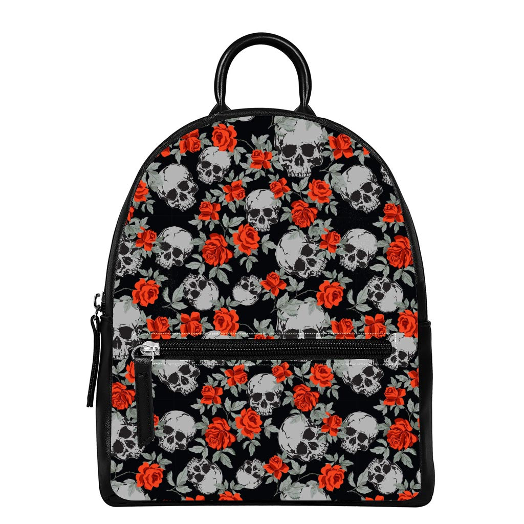 Red Rose Grey Skull Pattern Print Leather Backpack