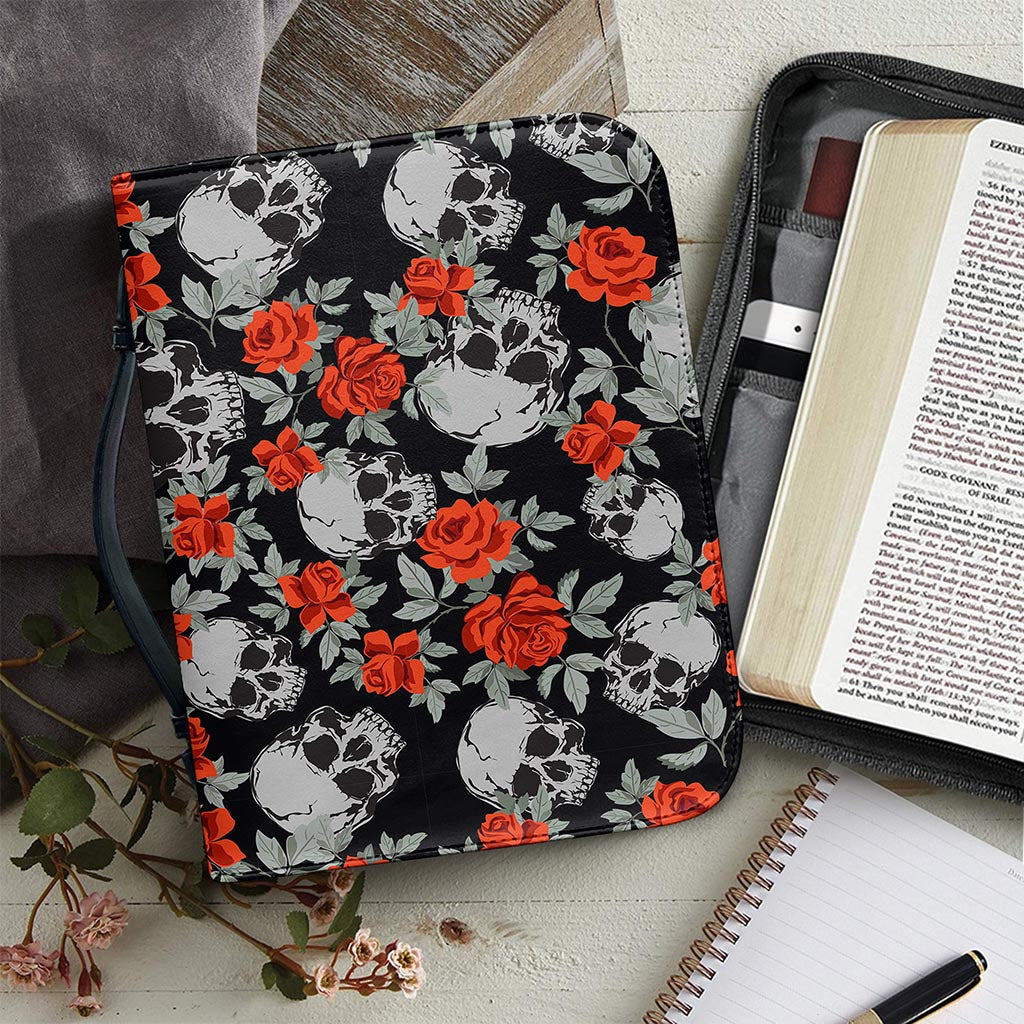 Red Rose Grey Skull Pattern Print Leather Bible Cover