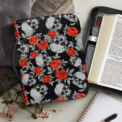 Red Rose Grey Skull Pattern Print Leather Bible Cover