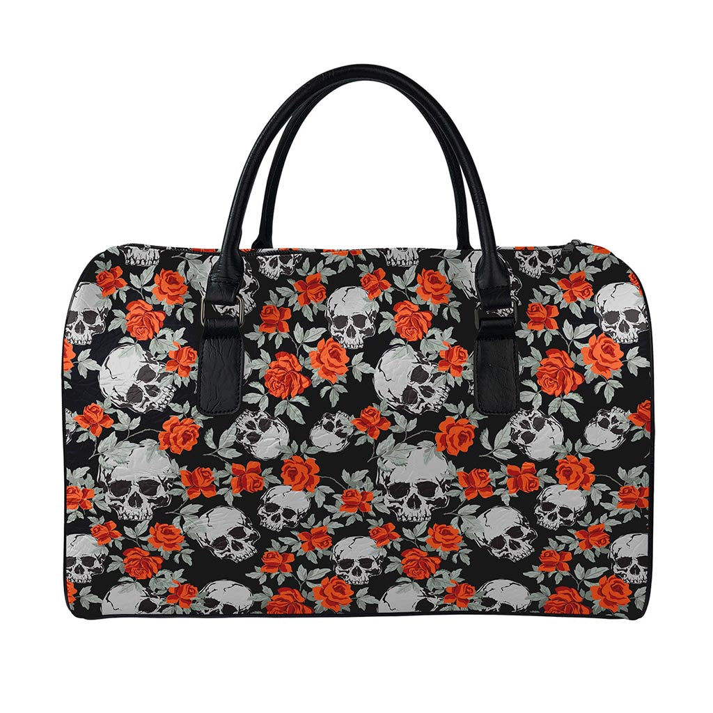 Red Rose Grey Skull Pattern Print Leather Duffle Bag