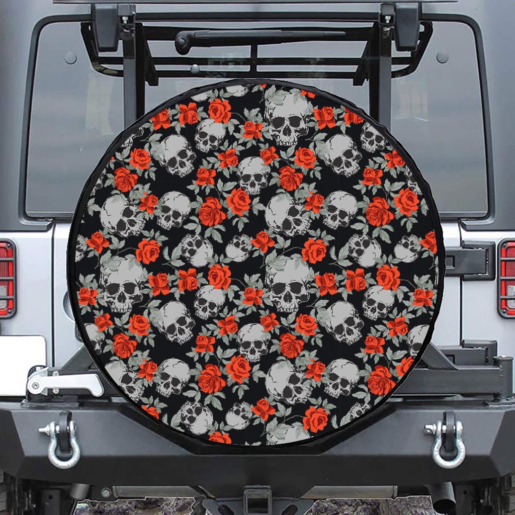 Red Rose Grey Skull Pattern Print Leather Spare Tire Cover