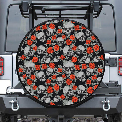 Red Rose Grey Skull Pattern Print Leather Spare Tire Cover