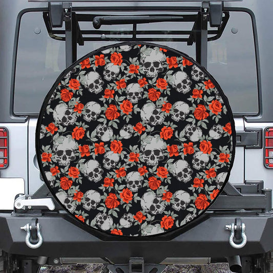 Red Rose Grey Skull Pattern Print Leather Spare Tire Cover