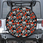 Red Rose Grey Skull Pattern Print Leather Spare Tire Cover