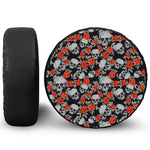 Red Rose Grey Skull Pattern Print Leather Spare Tire Cover