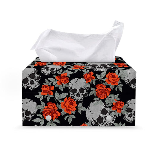 Red Rose Grey Skull Pattern Print Leather Tissue Box Cover