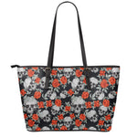 Red Rose Grey Skull Pattern Print Leather Tote Bag