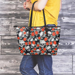 Red Rose Grey Skull Pattern Print Leather Tote Bag