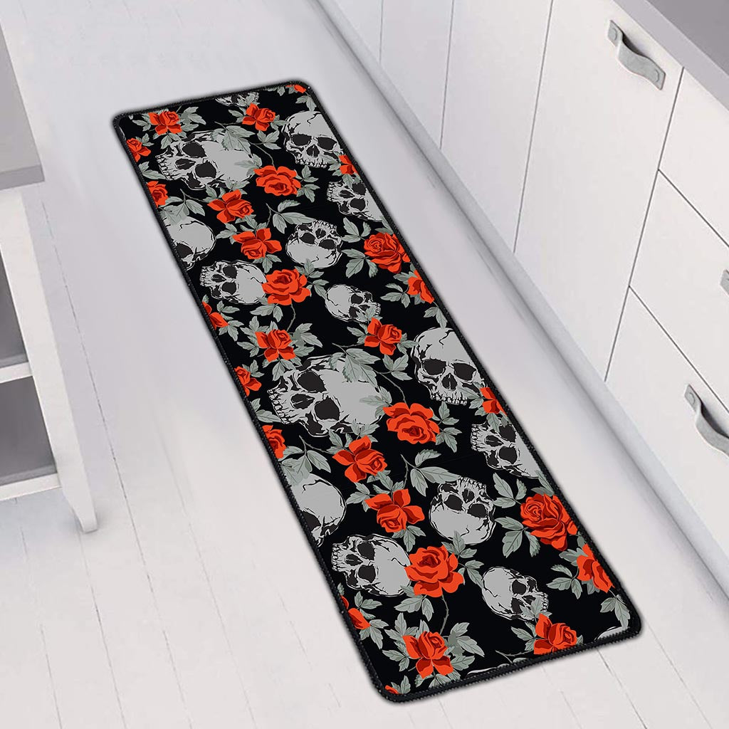 Red Rose Grey Skull Pattern Print Long Kitchen Mat