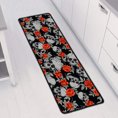Red Rose Grey Skull Pattern Print Long Kitchen Mat