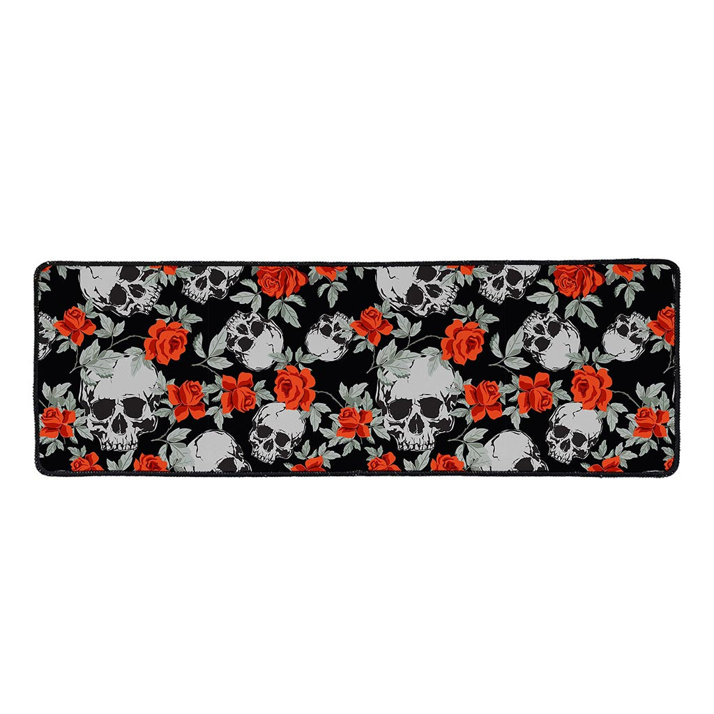Red Rose Grey Skull Pattern Print Long Kitchen Mat