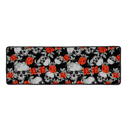 Red Rose Grey Skull Pattern Print Long Kitchen Mat