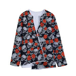 Red Rose Grey Skull Pattern Print Long Sleeve Short Coat