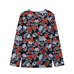 Red Rose Grey Skull Pattern Print Long Sleeve Short Coat