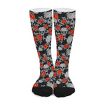 Red Rose Grey Skull Pattern Print Long Socks
